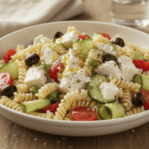 Ensalada de pasta estilo griego en Mambo con ingredientes frescos.