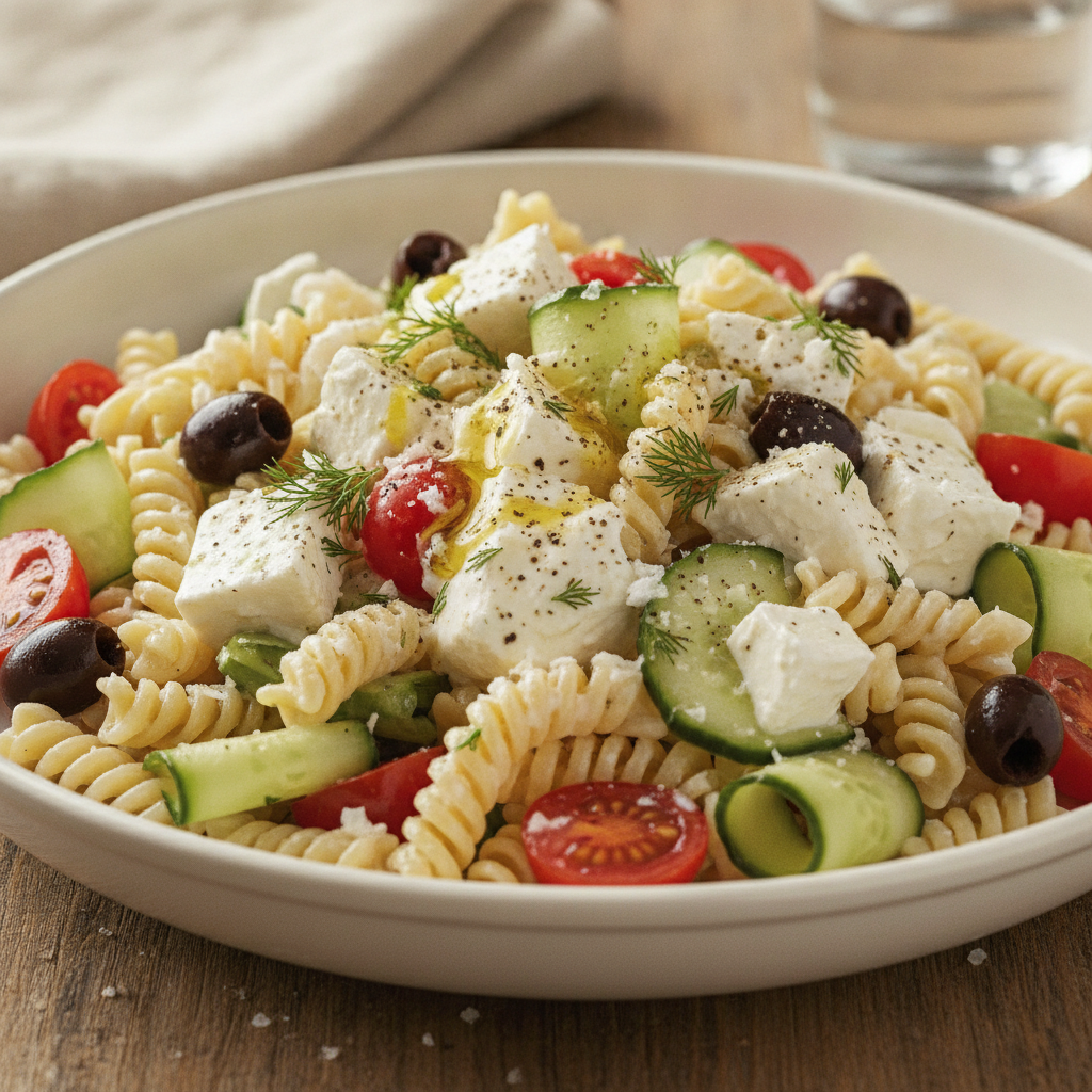 Ensalada de pasta estilo griego en Mambo con ingredientes frescos.
