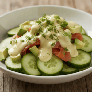 Plato de ensalada viral de pepino, salmón y aguacate en Mambo.