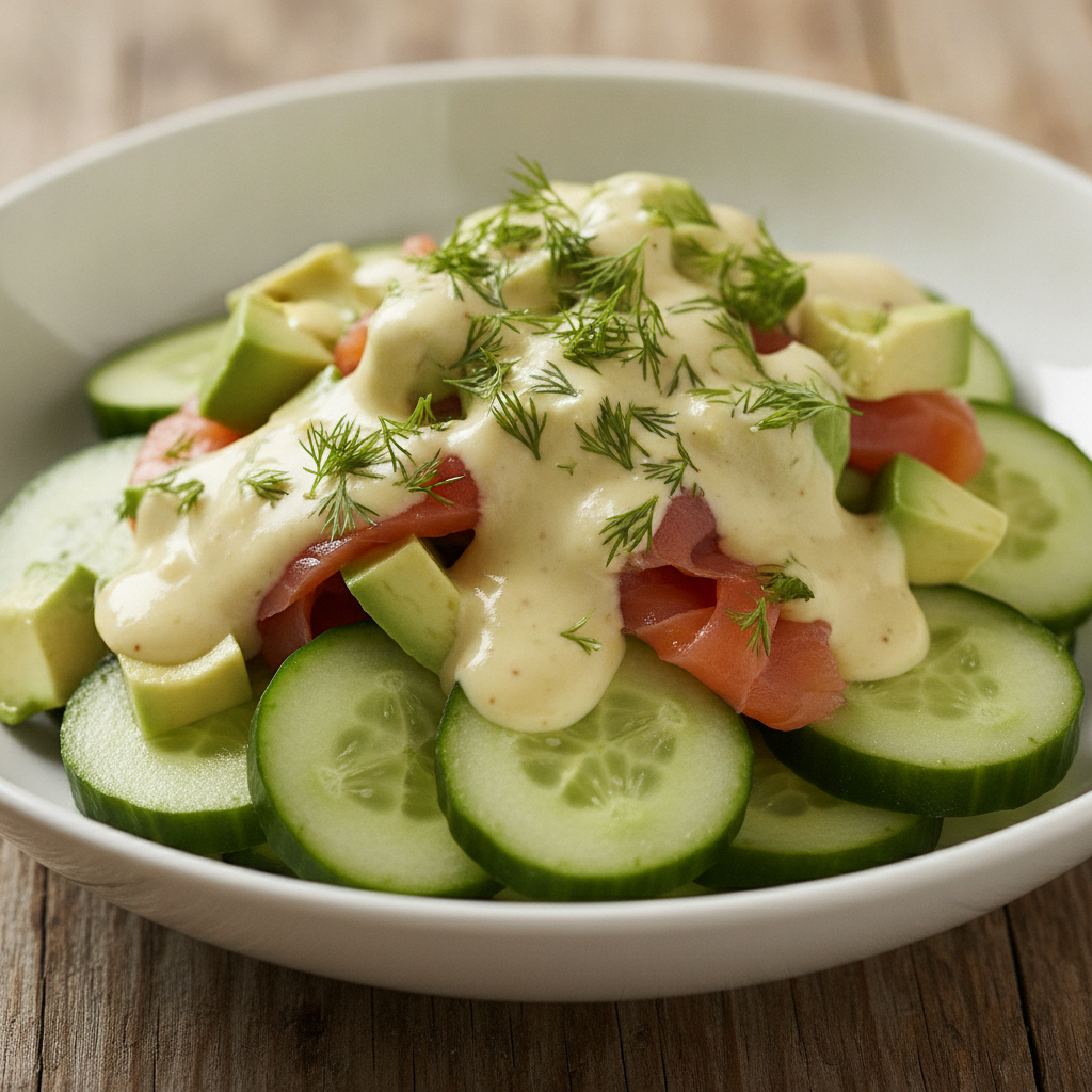 Plato de ensalada viral de pepino, salmón y aguacate en Mambo.