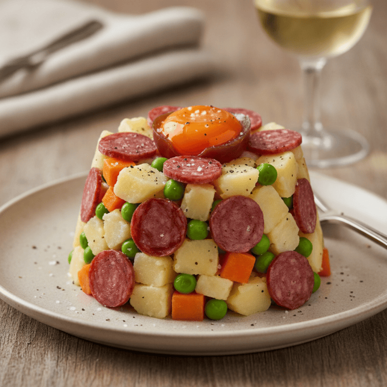 Ensaladilla de fuet con yema curada servida en un plato blanco, destacando los colores y texturas.