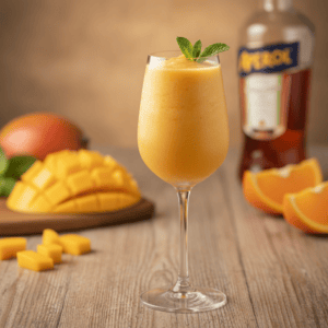 Copa de Frozen Mango Aperol decorada con menta, preparada con Mambo de Cecotec.