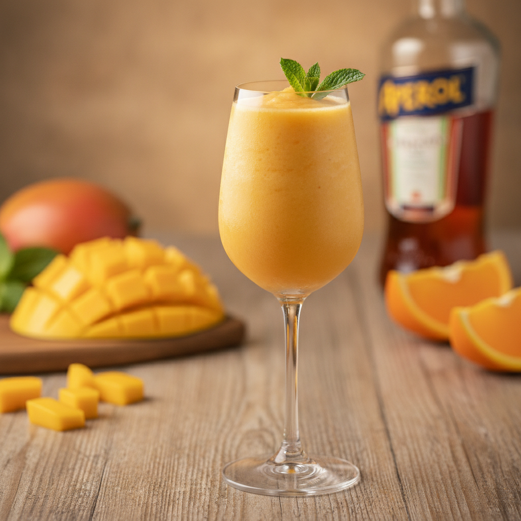Copa de Frozen Mango Aperol decorada con menta, preparada con Mambo de Cecotec.