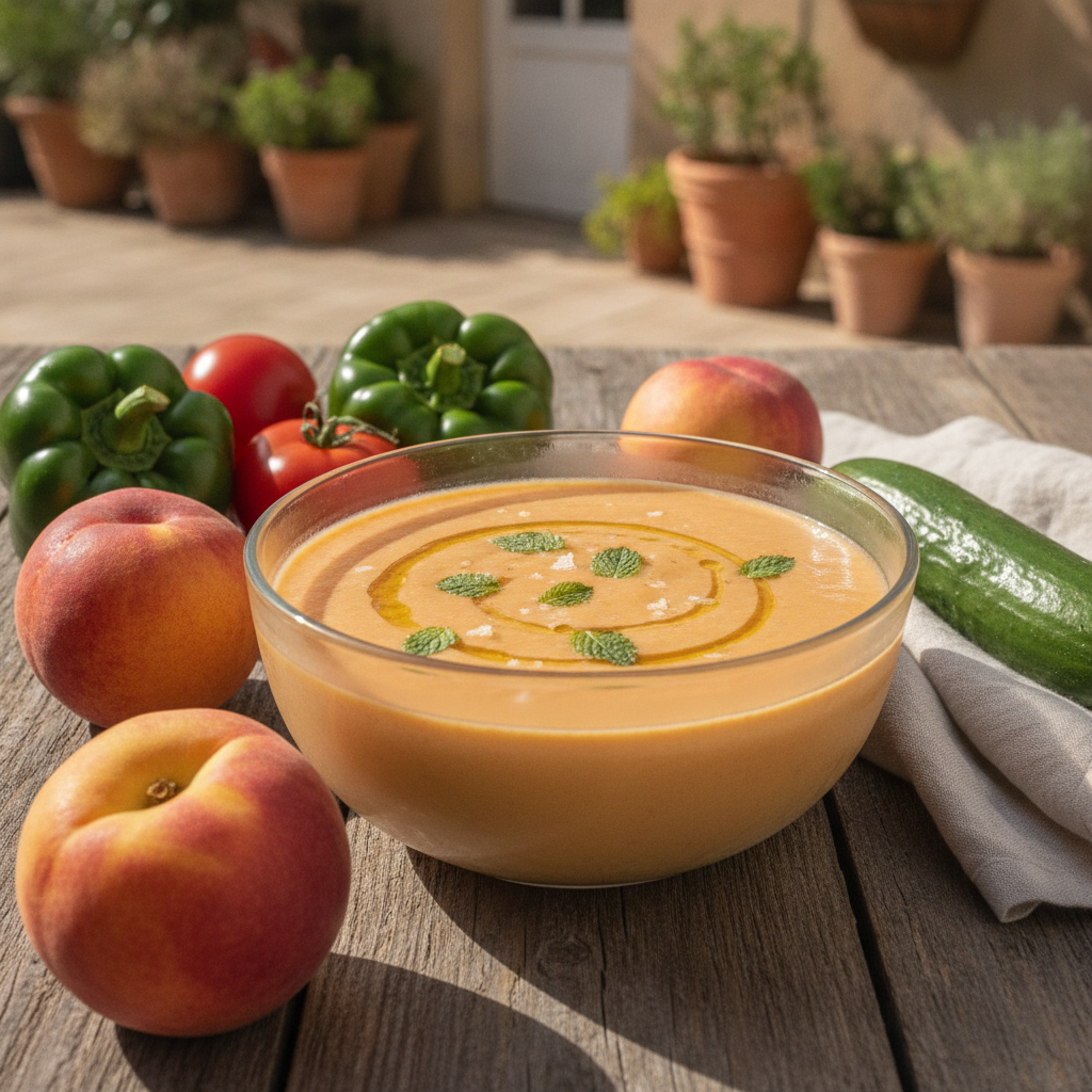Gazpacho de melocotón en Mambo servido en un bol