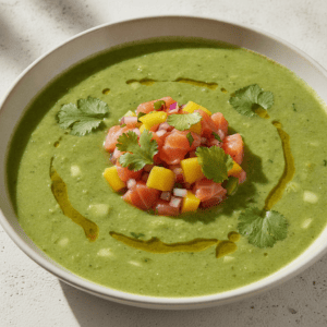 Gazpacho verde con tartar de salmón y mango en Mambo, fresco y delicioso.