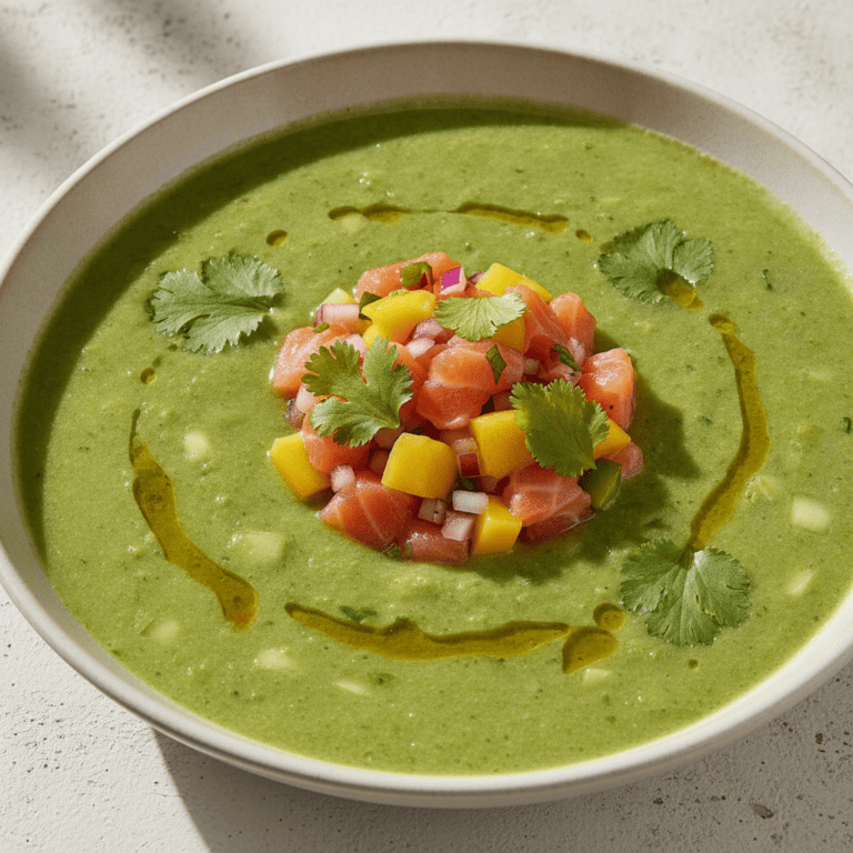 Gazpacho verde con tartar de salmón y mango en Mambo, fresco y delicioso.