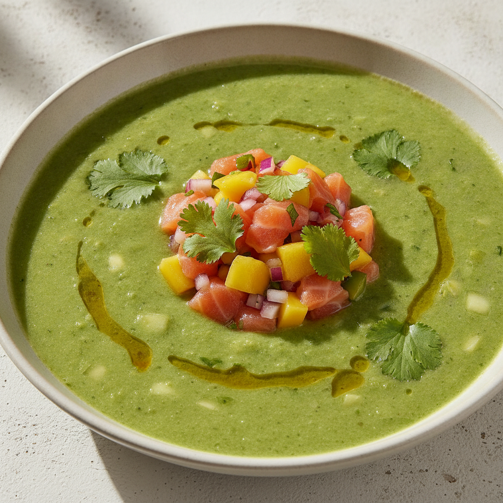 Gazpacho verde con tartar de salmón y mango en Mambo, fresco y delicioso.