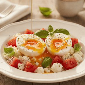 Plato de huevos en queso feta en Mambo con tomates y hierbas