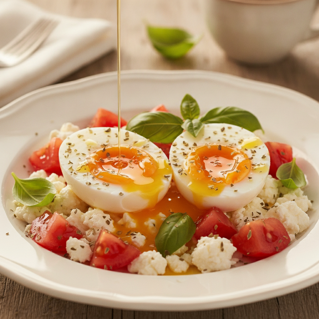 Plato de huevos en queso feta en Mambo con tomates y hierbas