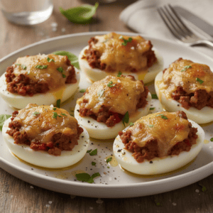 Huevos rellenos de carne en Mambo gratinados con queso
