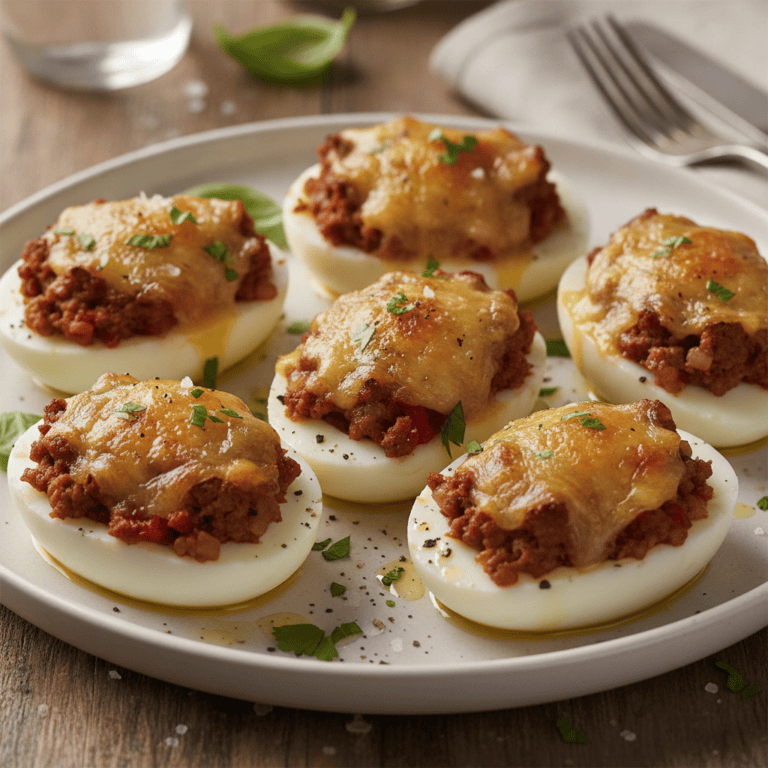 Huevos rellenos de carne en Mambo gratinados con queso