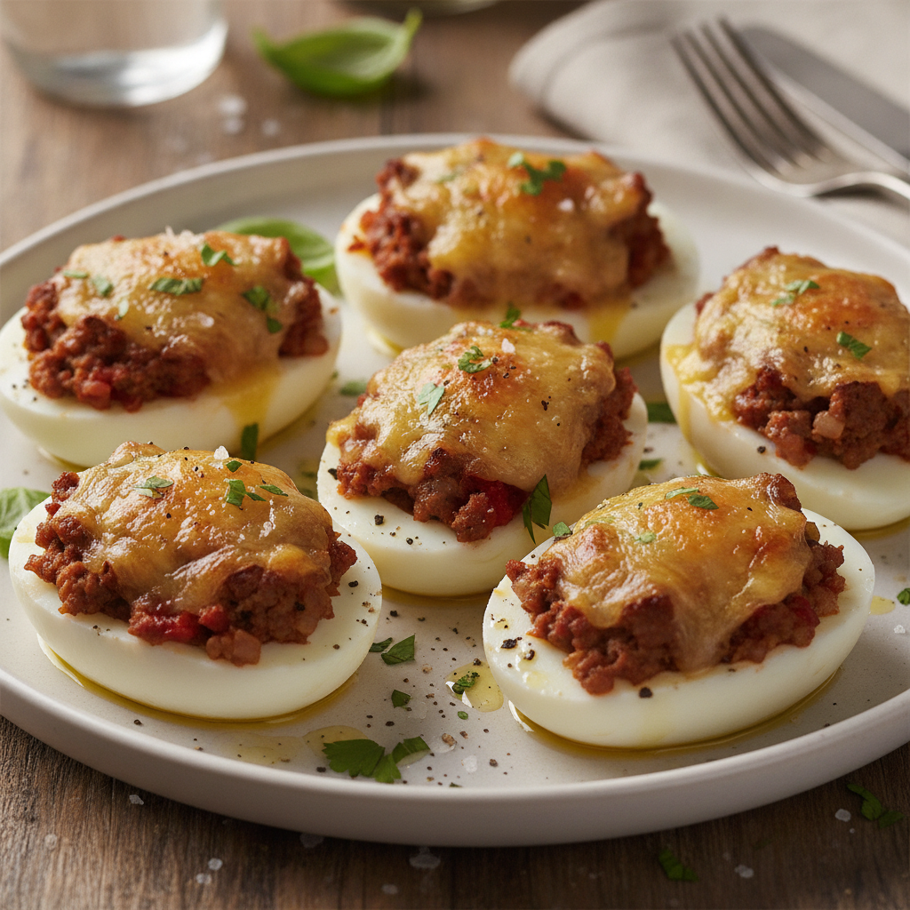 Huevos rellenos de carne en Mambo gratinados con queso