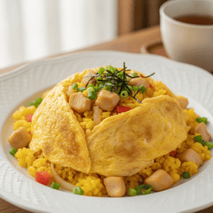 Plato de omurice japonés, arroz frito con pollo envuelto en huevo, preparado en un robot Mambo de Cecotec.