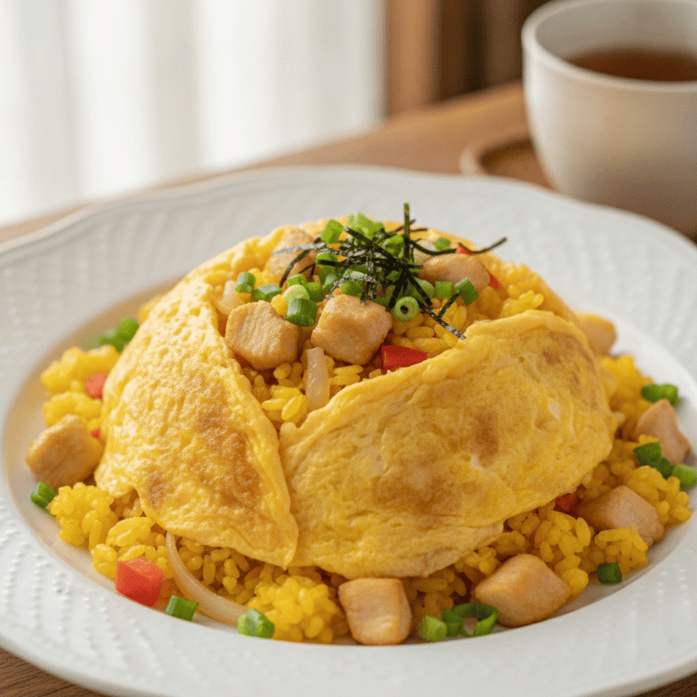 Plato de omurice japonés, arroz frito con pollo envuelto en huevo, preparado en un robot Mambo de Cecotec.
