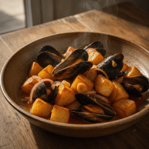 Papas con mejillones y escabeche Mambo en plato blanco