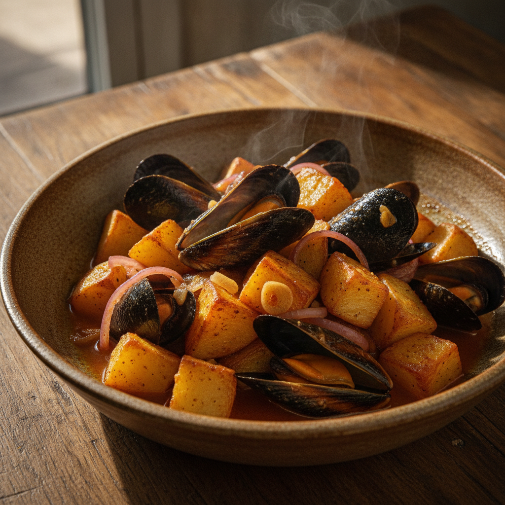 Papas con mejillones y escabeche Mambo en plato blanco