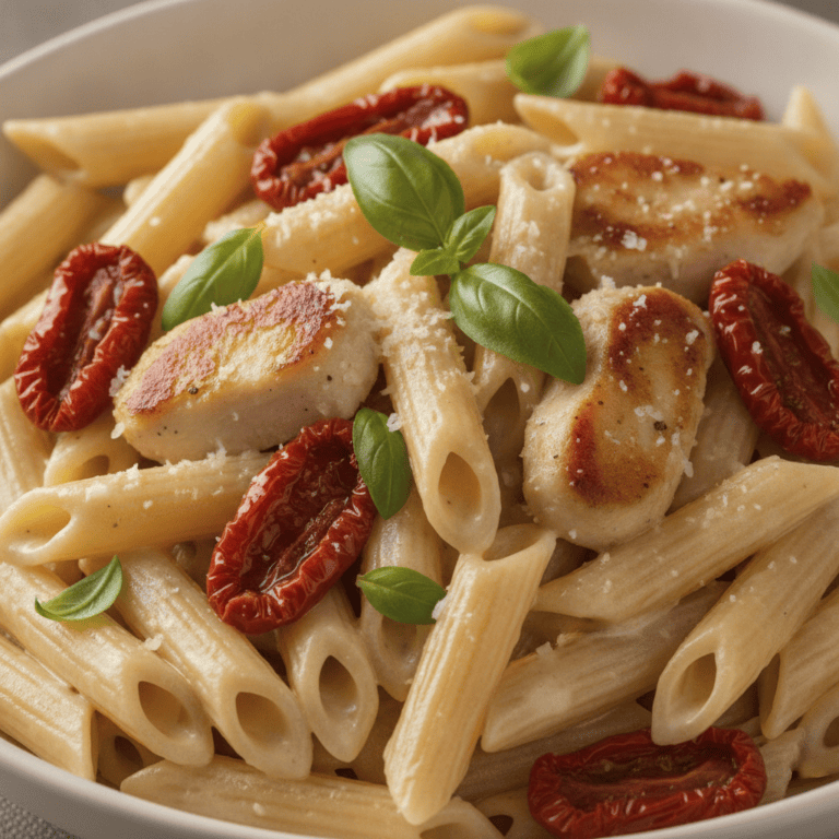 Plato de pasta cremosa con pollo y tomates secos, cocinada en Mambo.