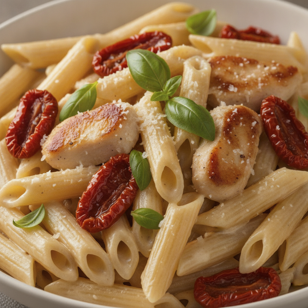 Plato de pasta cremosa con pollo y tomates secos, cocinada en Mambo.