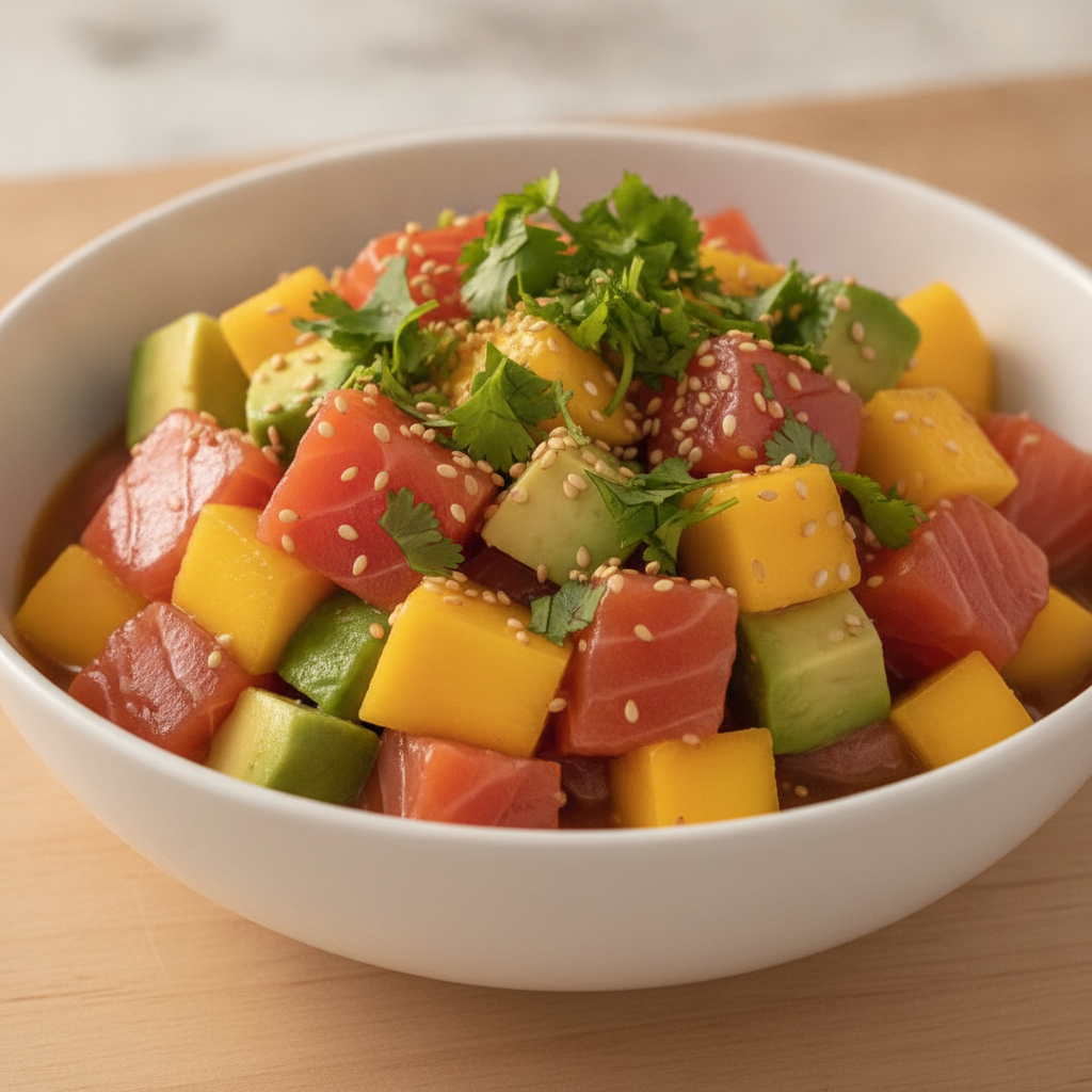 Un delicioso bowl de poké de salmón con mango y aguacate, preparado con Mambo de Cecotec.