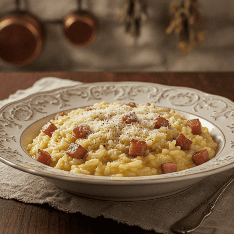 Plato de risotto a la carbonara Mambo, servido en plato blanco y espolvoreado con queso parmesano.