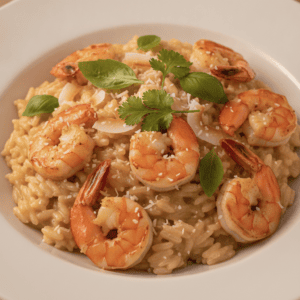 Risotto de gambones y coco en Mambo, con gambones y espolvoreado de coco