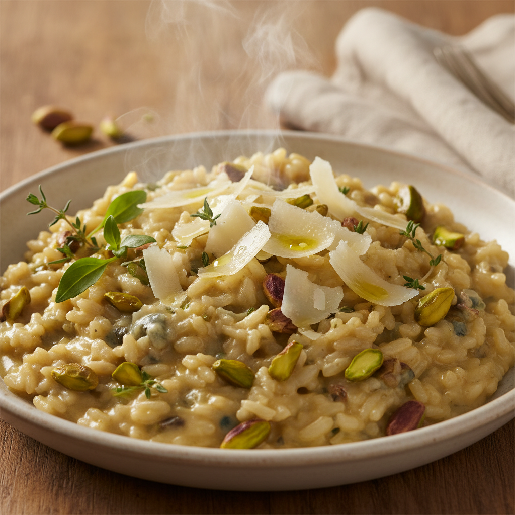 Risotto de pistachos y gorgonzola en Mambo con pistachos y queso gorgonzola.