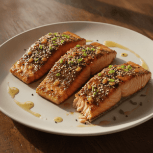 Plato de salmón con soja y jengibre cocinado en Mambo