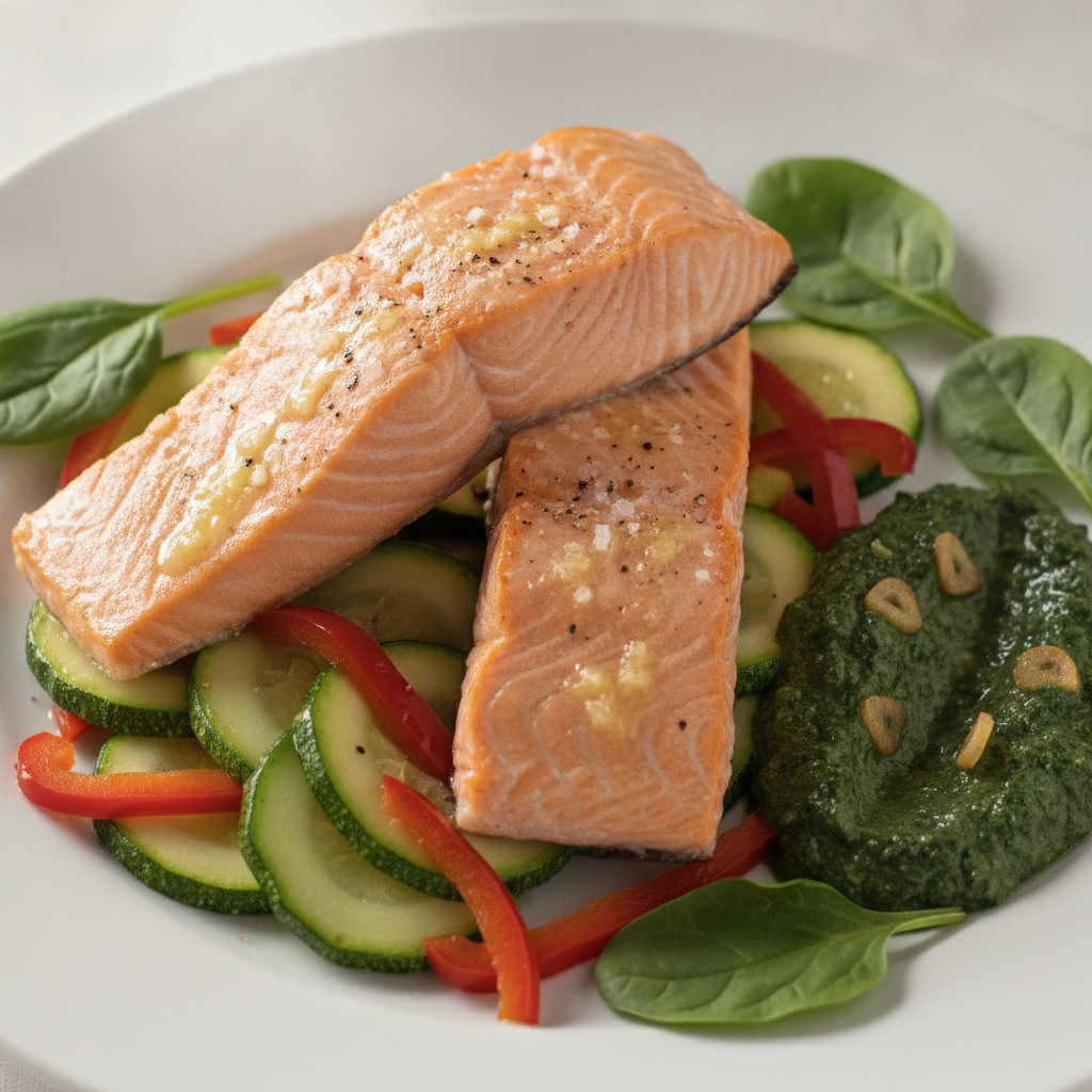 Plato de salmón con verduras y crema de espinacas en Mambo