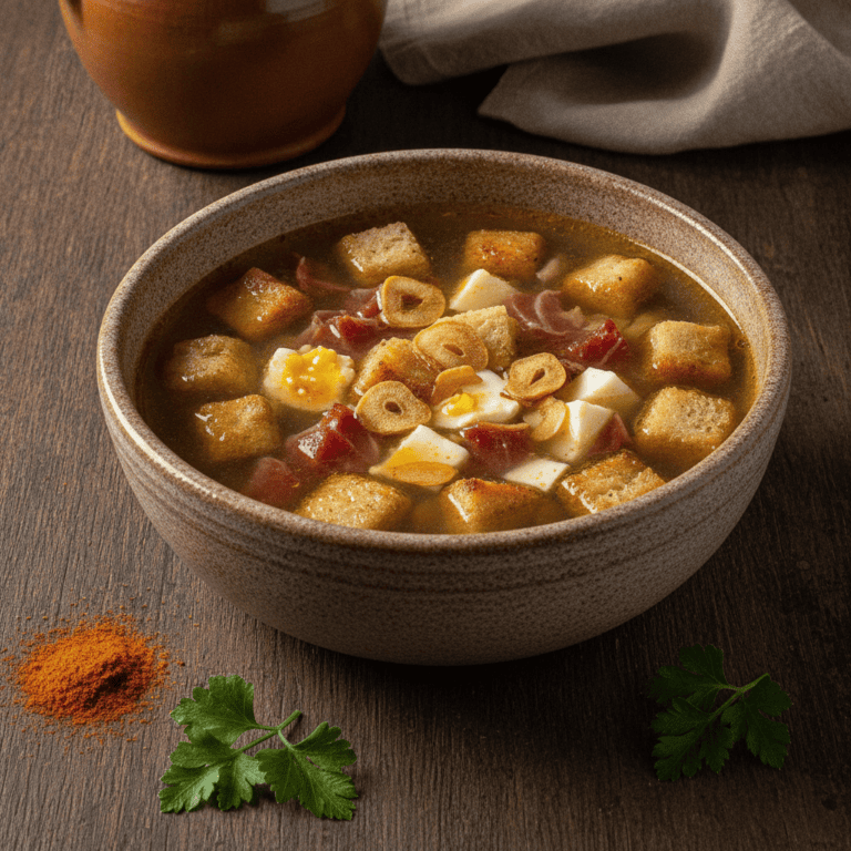 Imagen de una sopa de ajo a la vasca Mambo, servida caliente con pan tostado y perejil fresco.