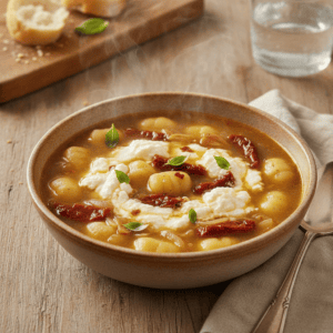 Sopa de gnocchis en Mambo con tomate seco y ricota.