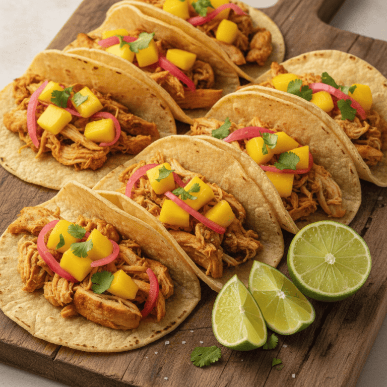 Deliciosos tacos de pollo con mango en Mambo, servidos en un plato.