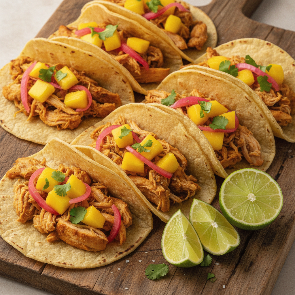 Deliciosos tacos de pollo con mango en Mambo, servidos en un plato.
