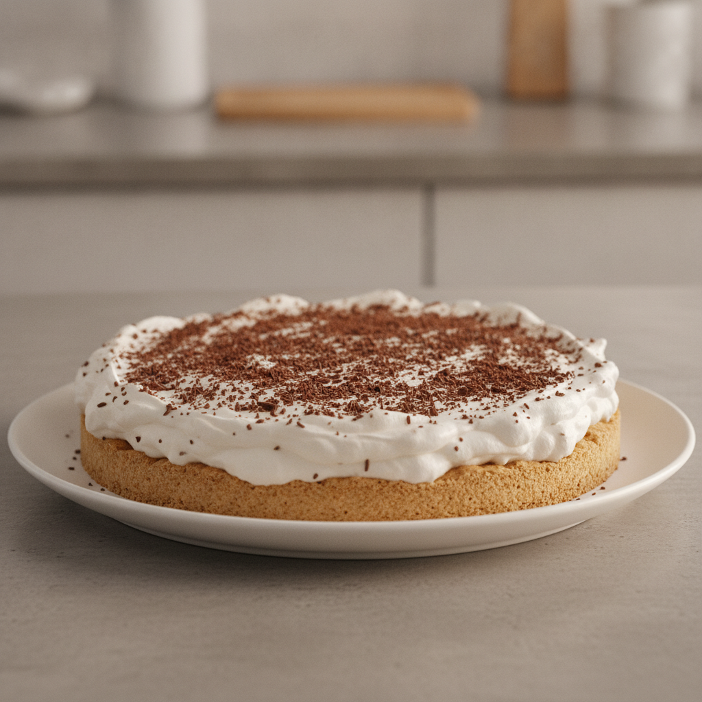 Imagen de una tarta de café sin horno Mambo, con crema suave y chocolate rallado en la superficie.