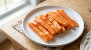 Tiras de papaya blanda en un plato, preparadas especialmente para la alimentación de bebés con el robot Mambo.