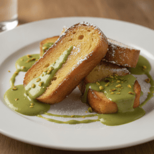 Torrijas con salsa verde de pistacho sobre un plato blanco, preparadas con Mambo de Cecotec.