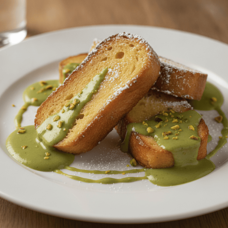 Torrijas con salsa verde de pistacho sobre un plato blanco, preparadas con Mambo de Cecotec.