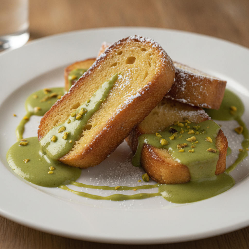 Torrijas con salsa verde de pistacho sobre un plato blanco, preparadas con Mambo de Cecotec.