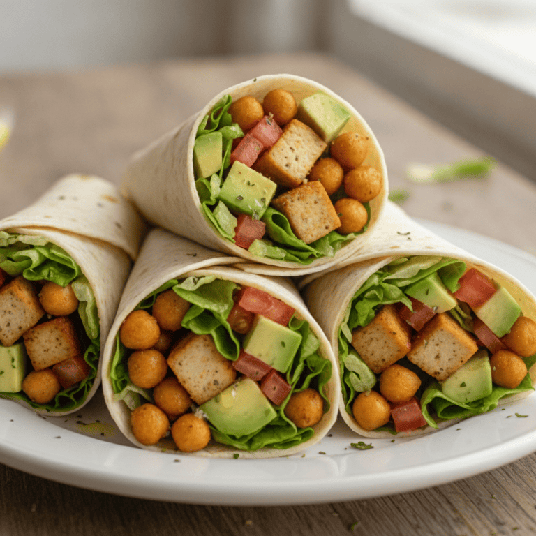 Wraps de garbanzos, heura y aguacate, preparados en Mambo, presentados en un plato blanco.
